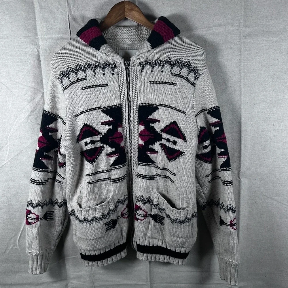 American Eagle Mens‎ Large Full Zip Hooded Sweater Aztec Southwestern Gray 362